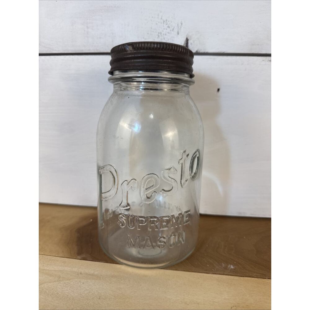 VTG Presto Supreme Mason Square Quart Jar w/ Glass Lid & Presto Band, 1940's #9